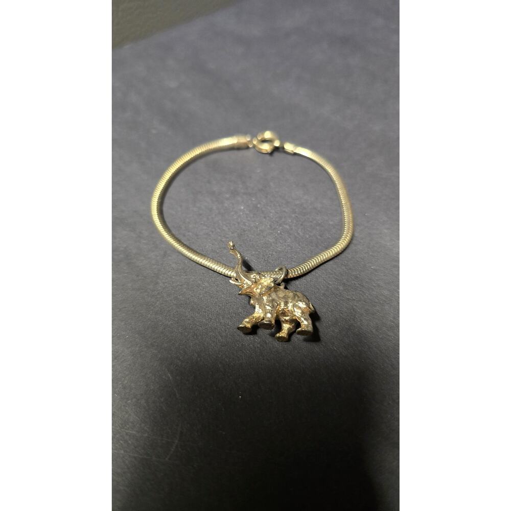 Gold Tone Elephant Charm Bracelet Germany Womens Snake Chain Jewelry Trunk up